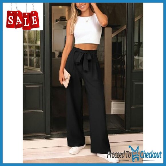 Wide Leg Paperbag Waist Dress Pants Women's Business Casual Trousers - Picture 7 of 8